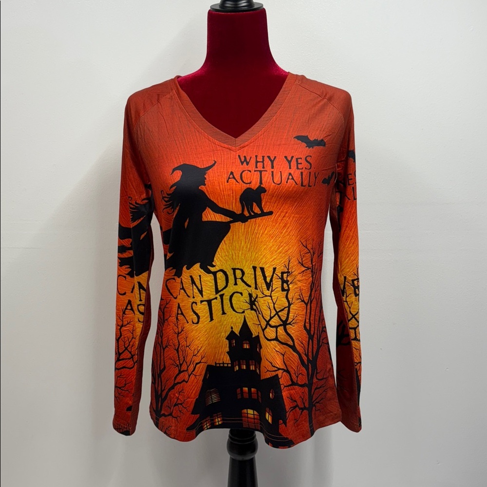 New Witch Graphic Long Sleeve Halloween Shirt size small /medium orange top NWT